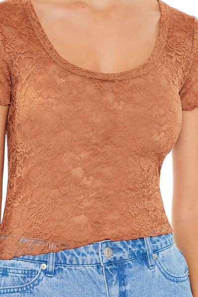 Forever21 Sheer Lace Lettuce-Edge Tee TOFFEE
