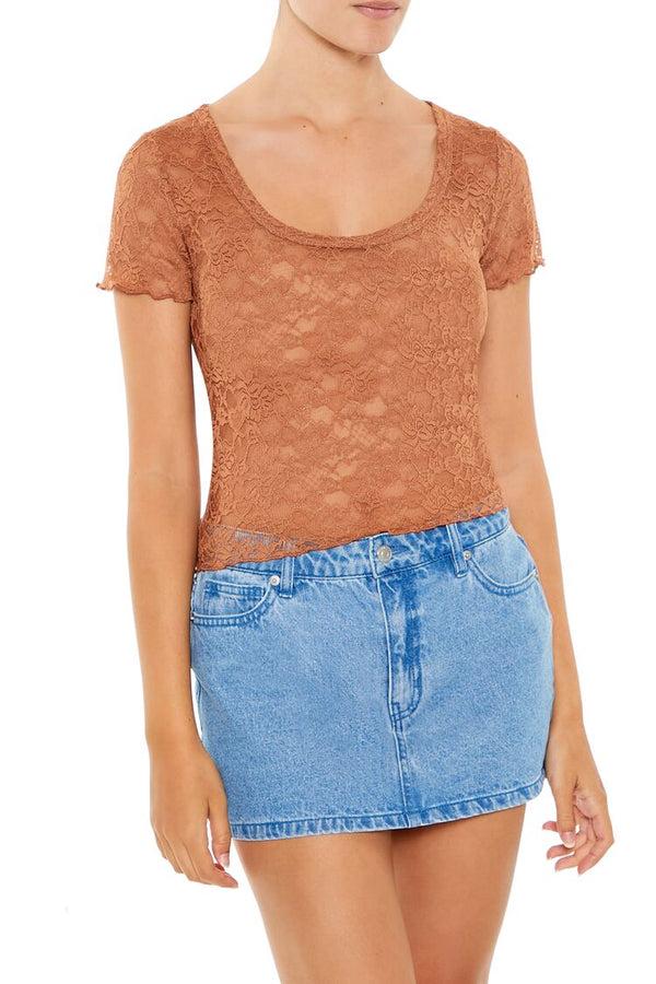 Forever21 Sheer Lace Lettuce-Edge Tee TOFFEE