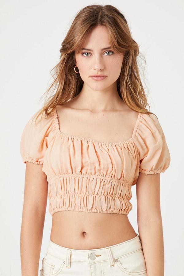 Forever21 Shirred Puff-Sleeve Crop Top BLUSH