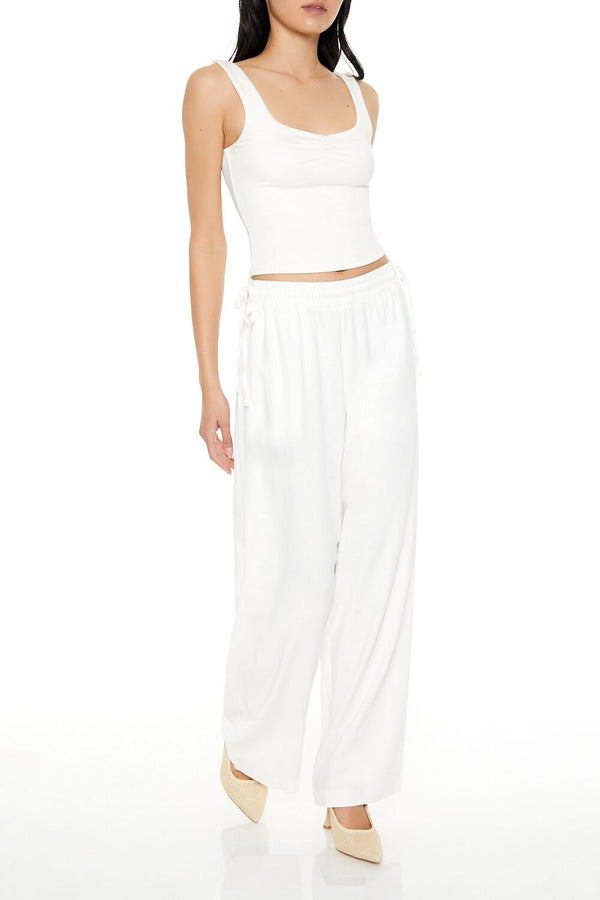 Forever21 Shirred Tie-Waist Wide-Leg Pants EGRET