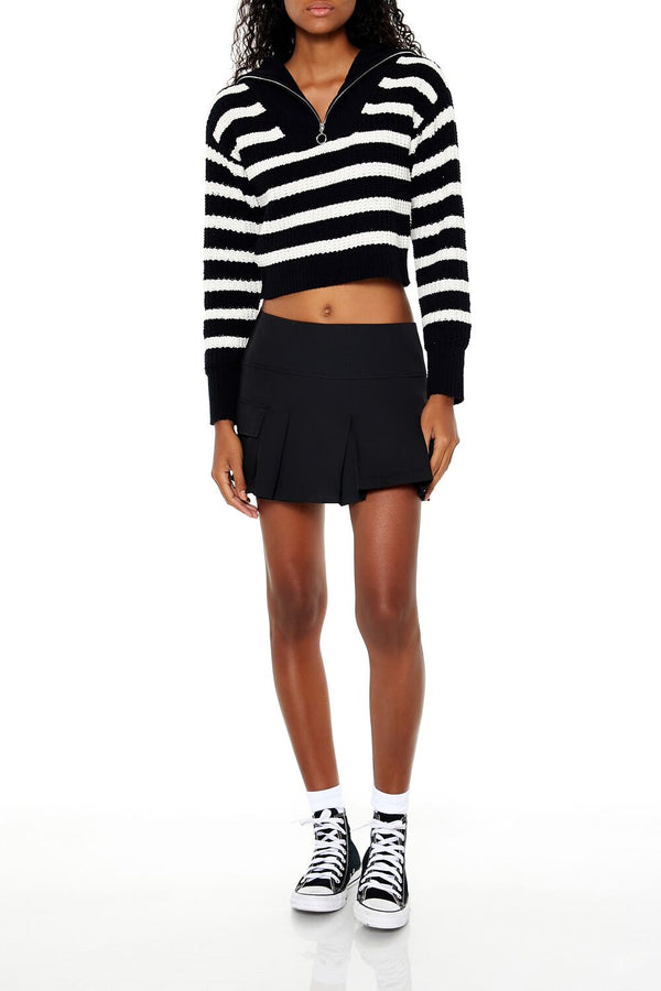 Forever21 Striped Half-Zip Sweater BLACK/WHITE