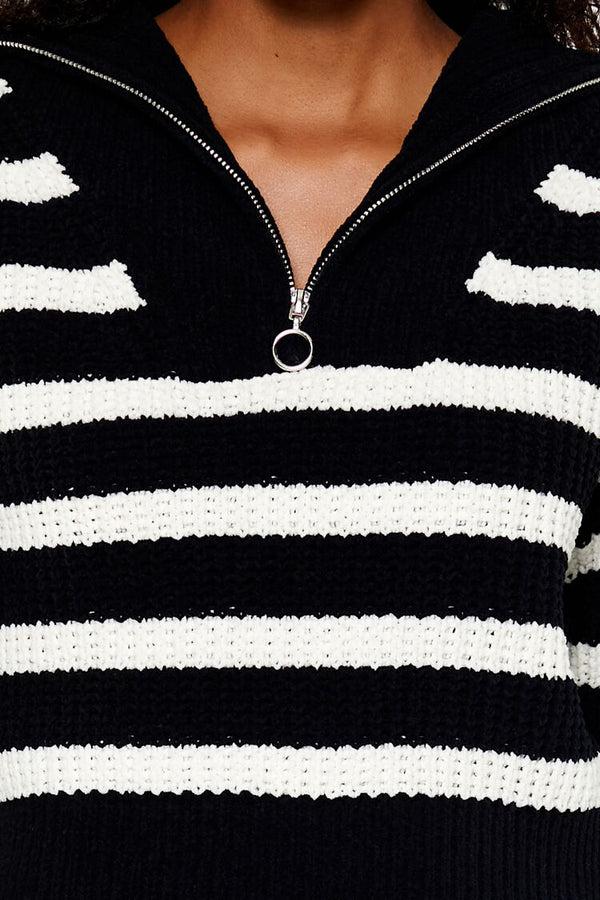 Forever21 Striped Half-Zip Sweater BLACK/WHITE