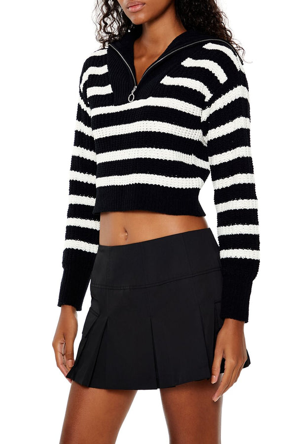 Forever21 Striped Half-Zip Sweater BLACK/WHITE