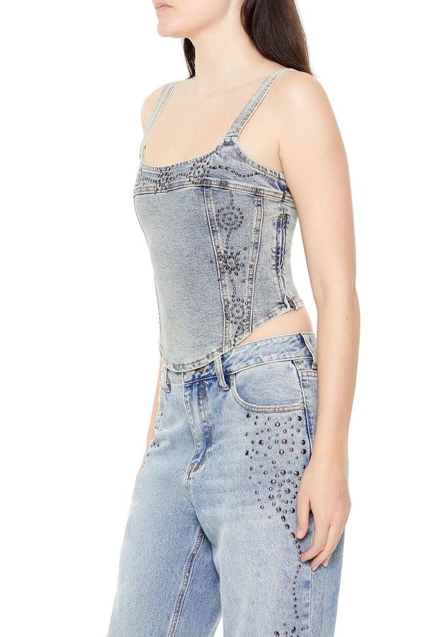Forever21 Studded Denim Crop Top MEDIUM DENIM