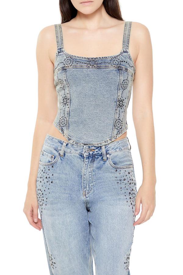 Forever21 Studded Denim Crop Top MEDIUM DENIM
