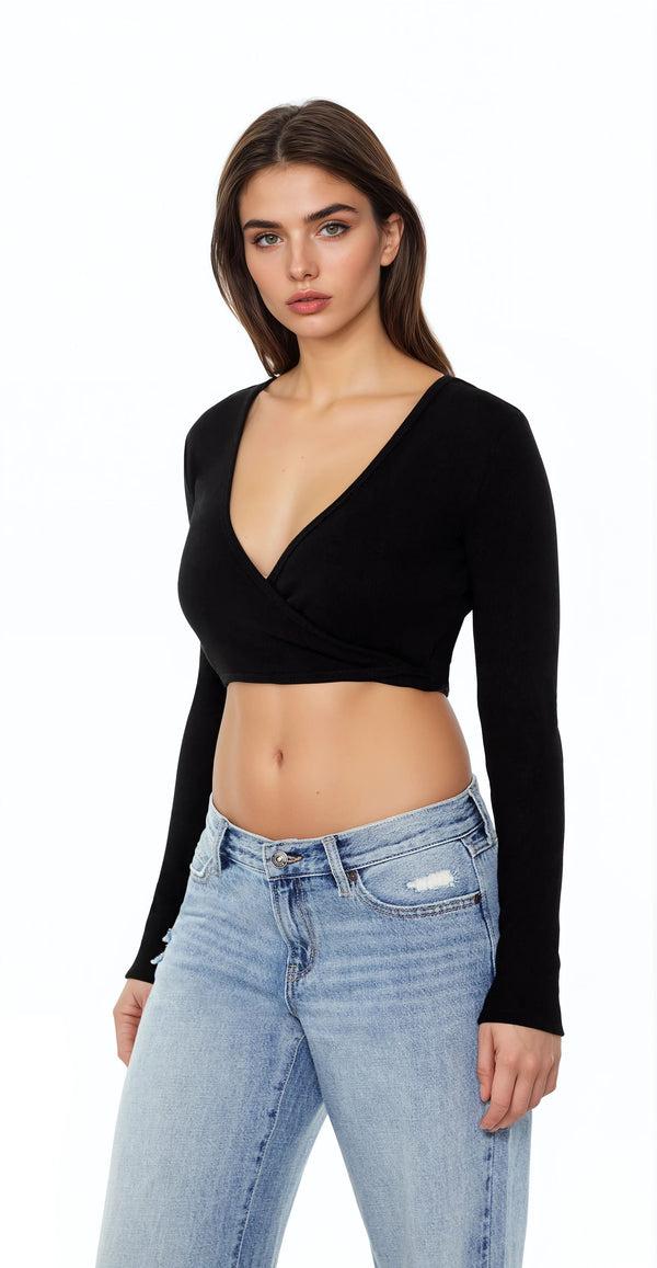 Forever21 Surplice Crop Wrap Top BLACK