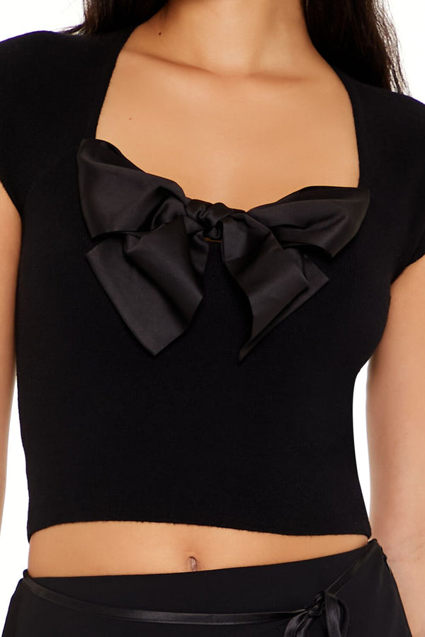 Forever21 Sweater-Knit Bow Crop Top BLACK