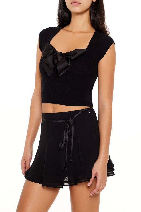 Forever21 Sweater-Knit Bow Crop Top BLACK