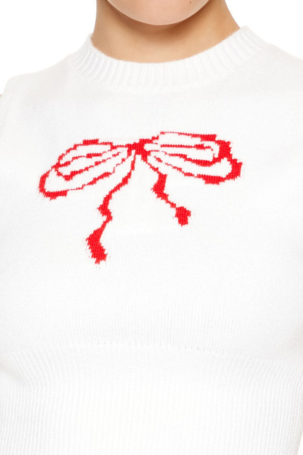 Forever21 Sweater-Knit Bow Crop Top WHITE/RED