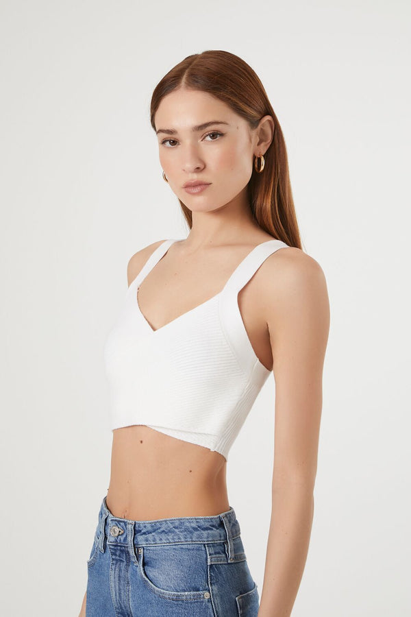 Forever21 Sweater-Knit Crossover Crop Top WHITE
