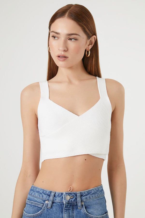 Forever21 Sweater-Knit Crossover Crop Top WHITE