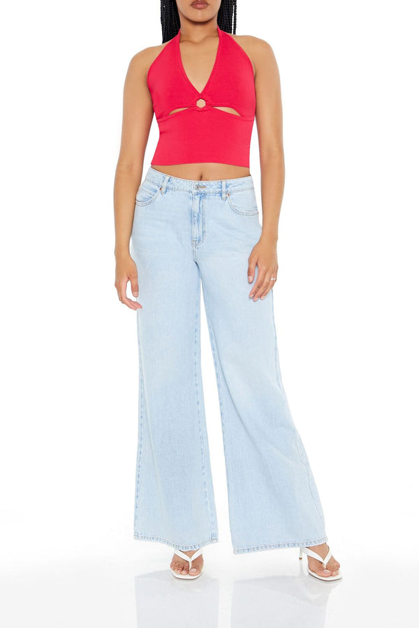 Forever21 Sweater-Knit Halter Crop Top HOT PINK