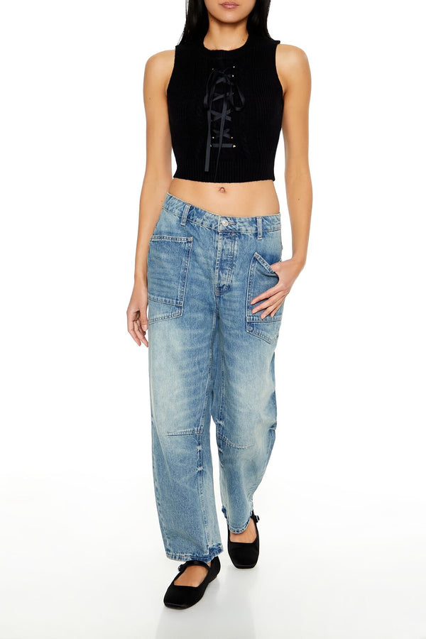 Forever21 Sweater-Knit Lace-Up Crop Top BLACK