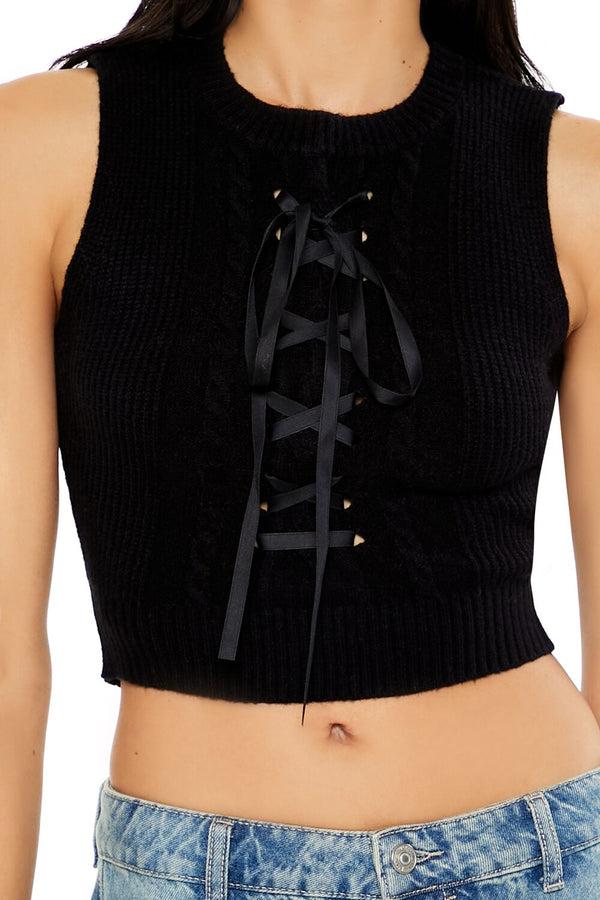 Forever21 Sweater-Knit Lace-Up Crop Top BLACK