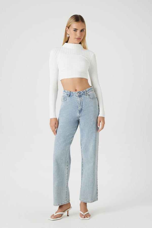 Forever21 Sweater-Knit Mock Neck Crop Top WHITE