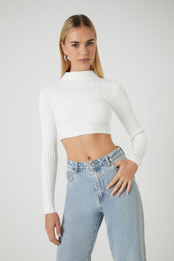 Forever21 Sweater-Knit Mock Neck Crop Top WHITE
