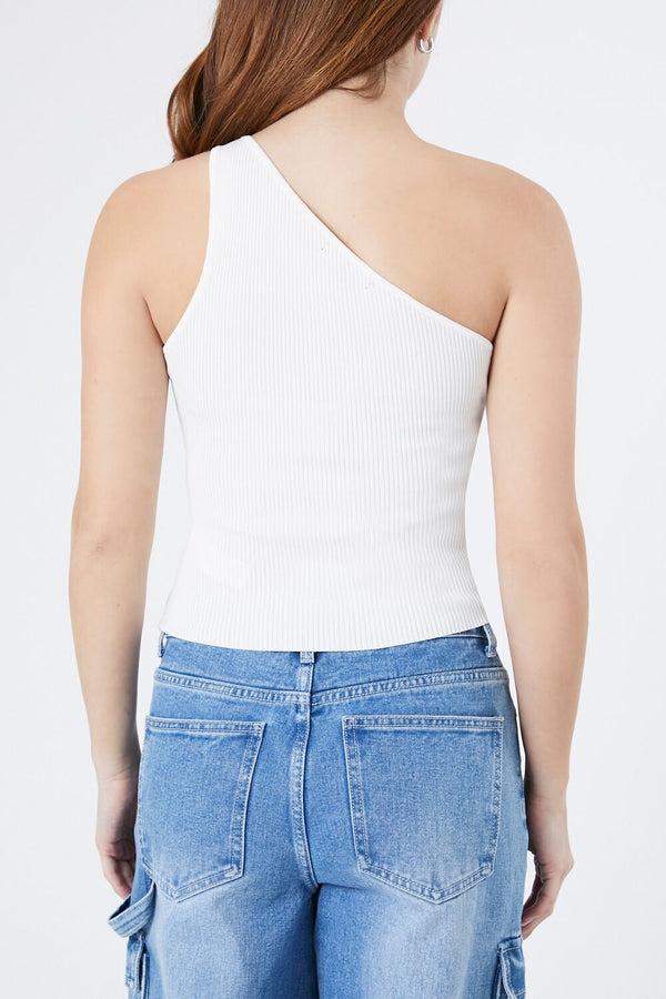 Forever21 Sweater-Knit One-Shoulder Crop Top WHITE