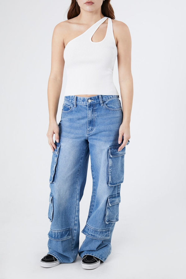 Forever21 Sweater-Knit One-Shoulder Crop Top WHITE