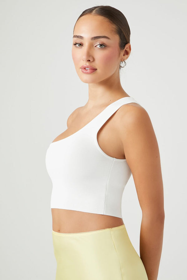 Forever21 Sweater-Knit One-Shoulder Crop Top WHITE