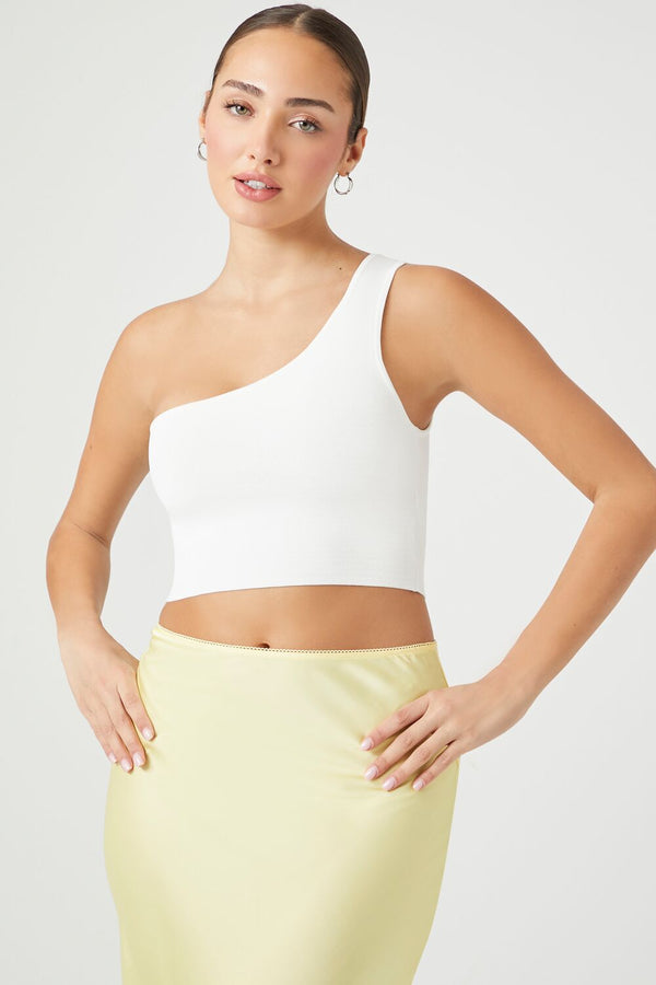 Forever21 Sweater-Knit One-Shoulder Crop Top WHITE