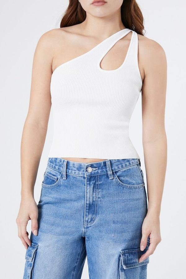 Forever21 Sweater-Knit One-Shoulder Crop Top WHITE