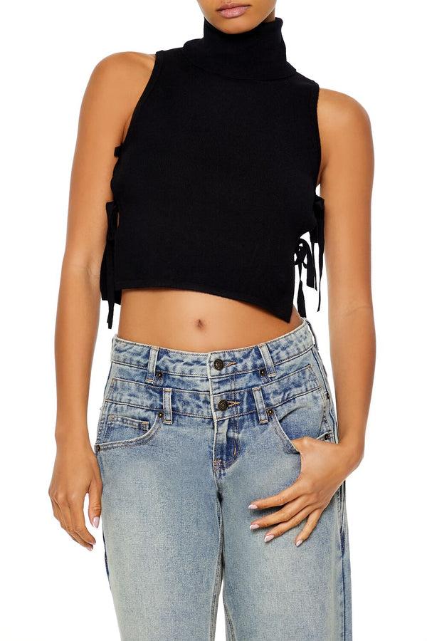 Forever21 Sweater-Knit Open-Side Crop Top BLACK