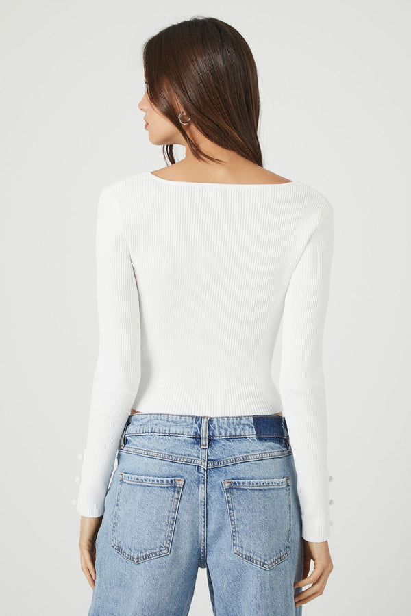 Forever21 Sweater-Knit Scoop-Neck Crop Top WHITE