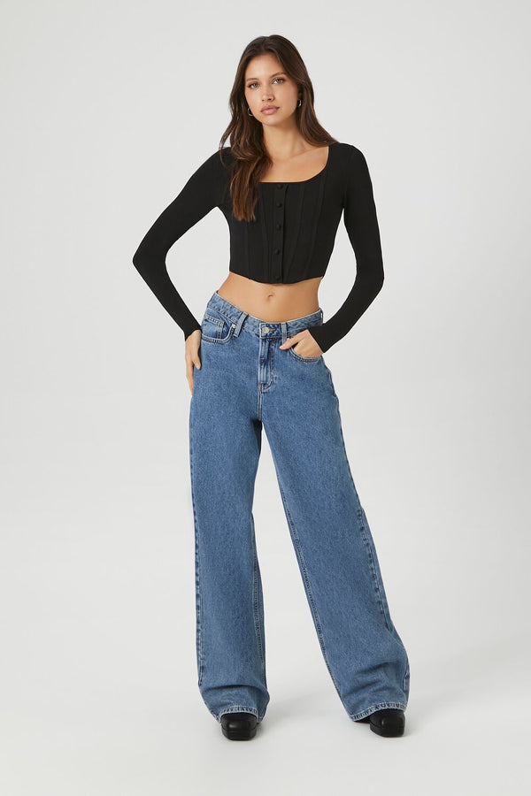 Forever21 Sweater-Knit Seam Crop Top BLACK