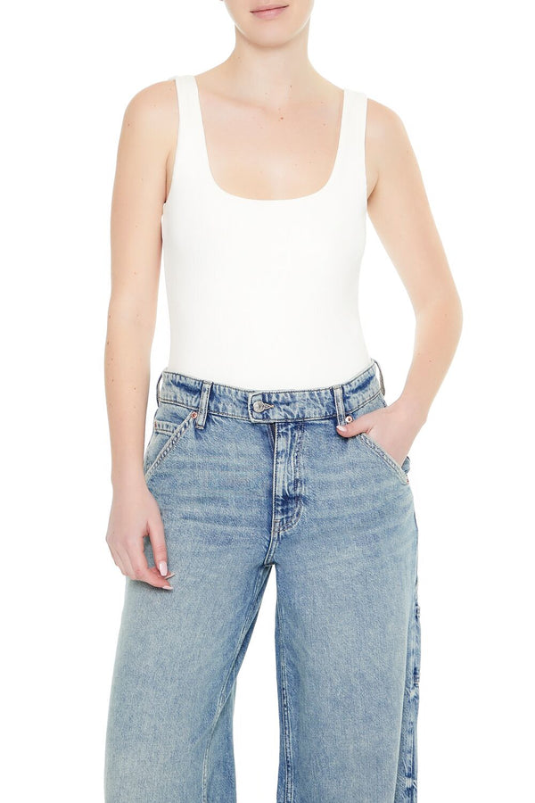 Forever21 Textured V-Back Tank Bodysuit WHITE