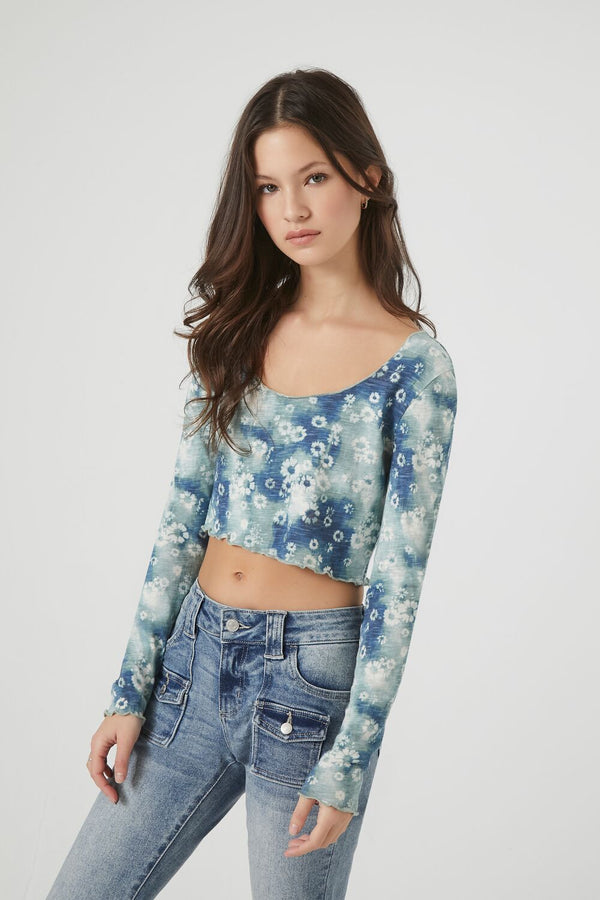 Forever21 Tie-Dye Floral Print Crop Top BLUE/MULTI