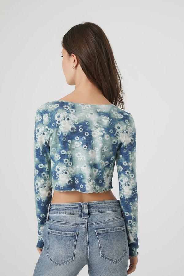 Forever21 Tie-Dye Floral Print Crop Top BLUE/MULTI