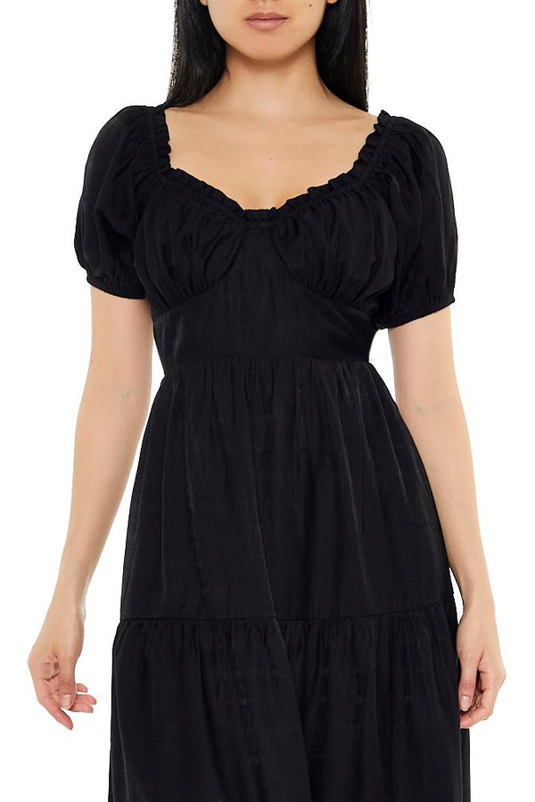 Forever21 Tiered Puff-Sleeve Maxi Dress BLACK