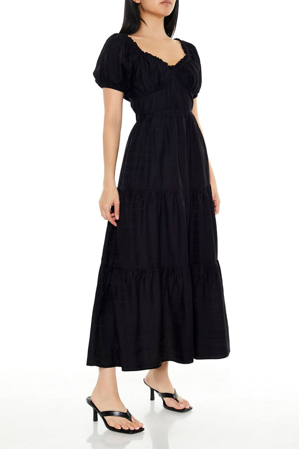 Forever21 Tiered Puff-Sleeve Maxi Dress BLACK