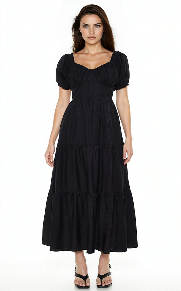 Forever21 Tiered Puff-Sleeve Maxi Dress BLACK