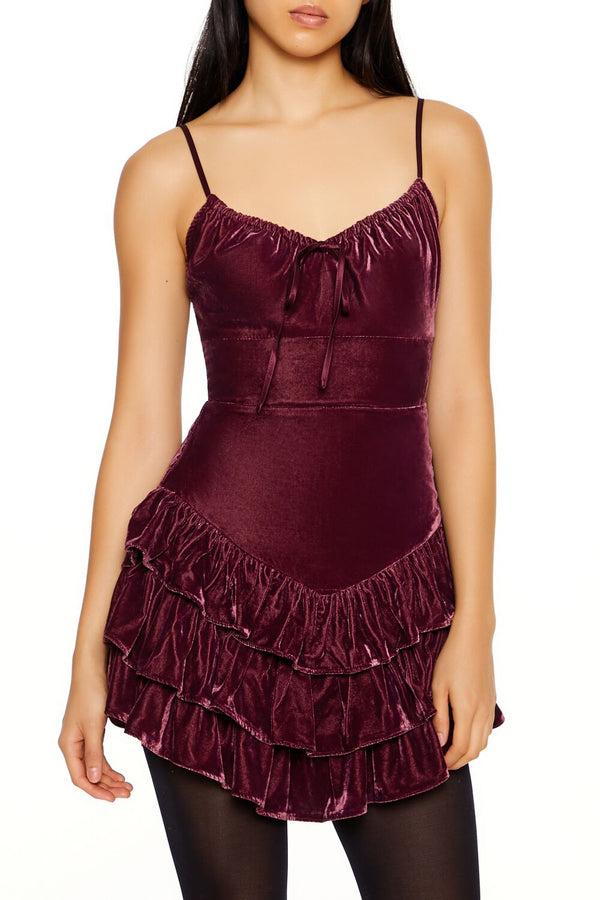 Forever21 Tiered Velvet Mini Dress MERLOT