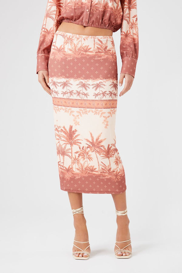Forever21 Tropical Print Midi Skirt RUST/MULTI