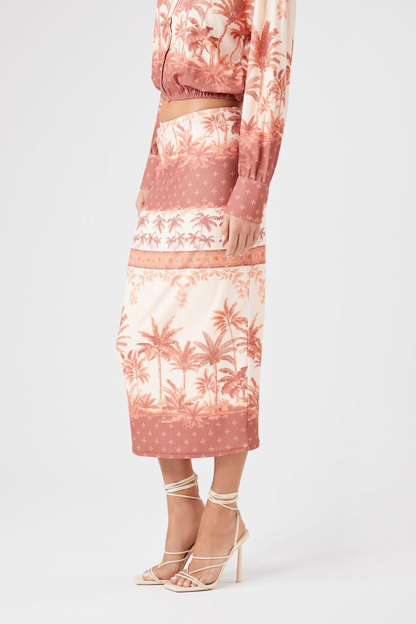 Forever21 Tropical Print Midi Skirt RUST/MULTI