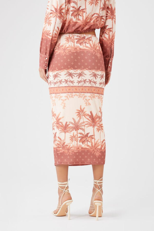 Forever21 Tropical Print Midi Skirt RUST/MULTI