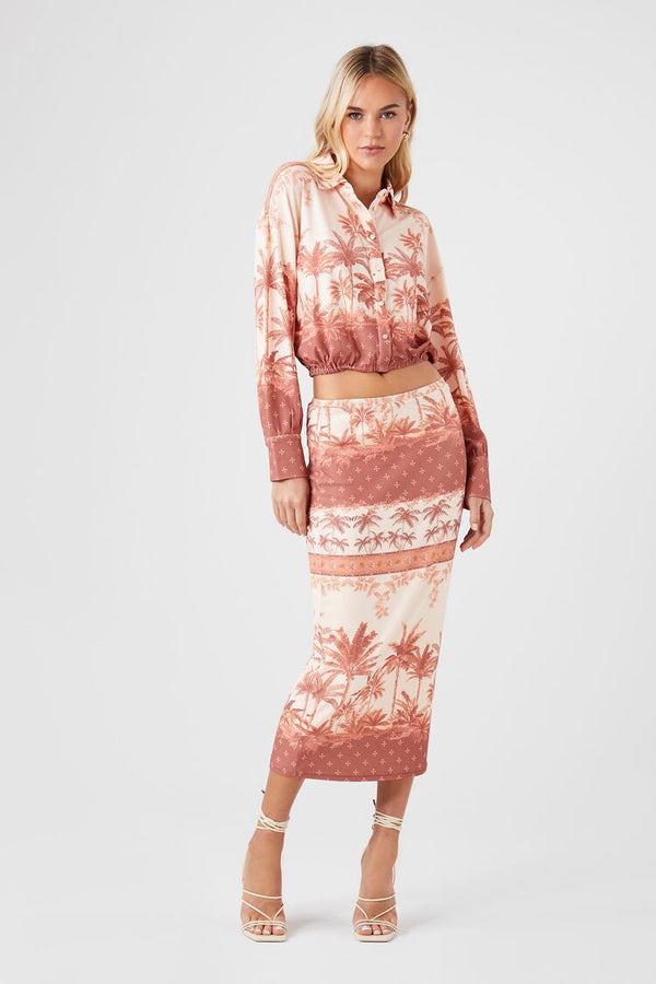 Forever21 Tropical Print Midi Skirt RUST/MULTI