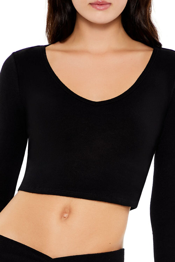 Forever21 V-Neck Long-Sleeve Crop Top BLACK
