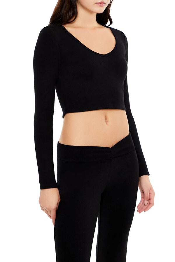 Forever21 V-Neck Long-Sleeve Crop Top BLACK
