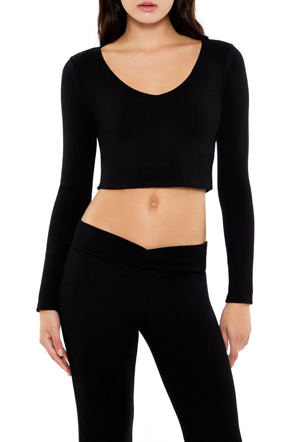 Forever21 V-Neck Long-Sleeve Crop Top BLACK