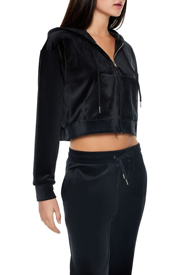 Forever21 Velour Zip-Up Hoodie BLACK
