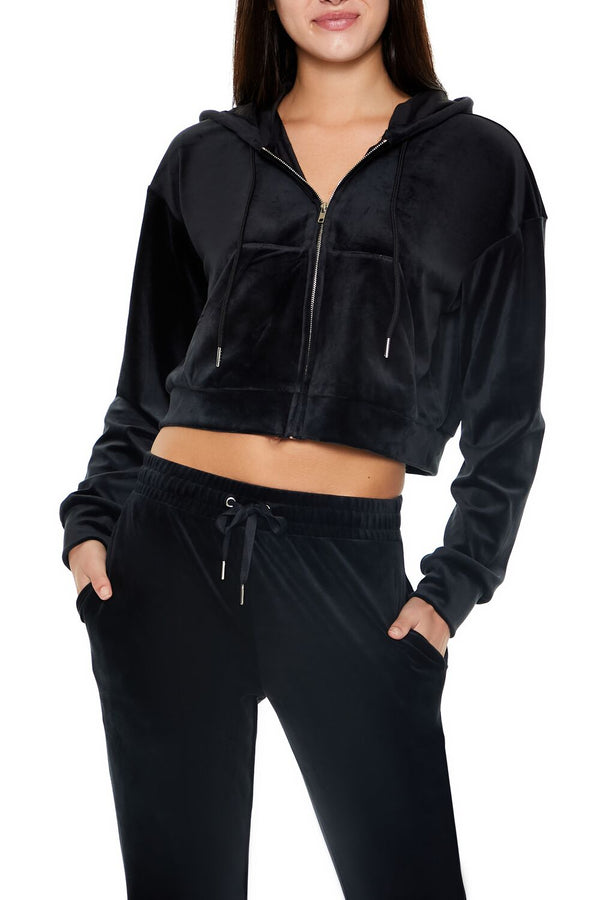 Forever21 Velour Zip-Up Hoodie BLACK