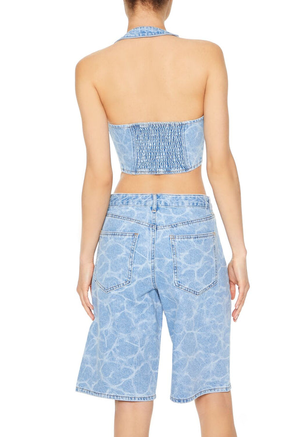 Forever21 Water Print Halter Crop Top MEDIUM DENIM