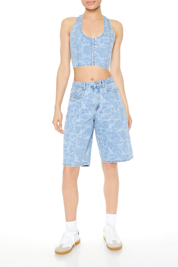 Forever21 Water Print Halter Crop Top MEDIUM DENIM