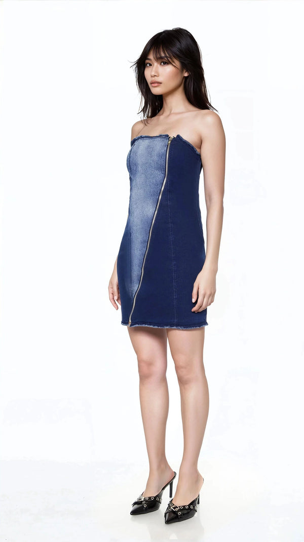 Forever21 Zip-Up Denim Tube Mini Dress DARK DENIM