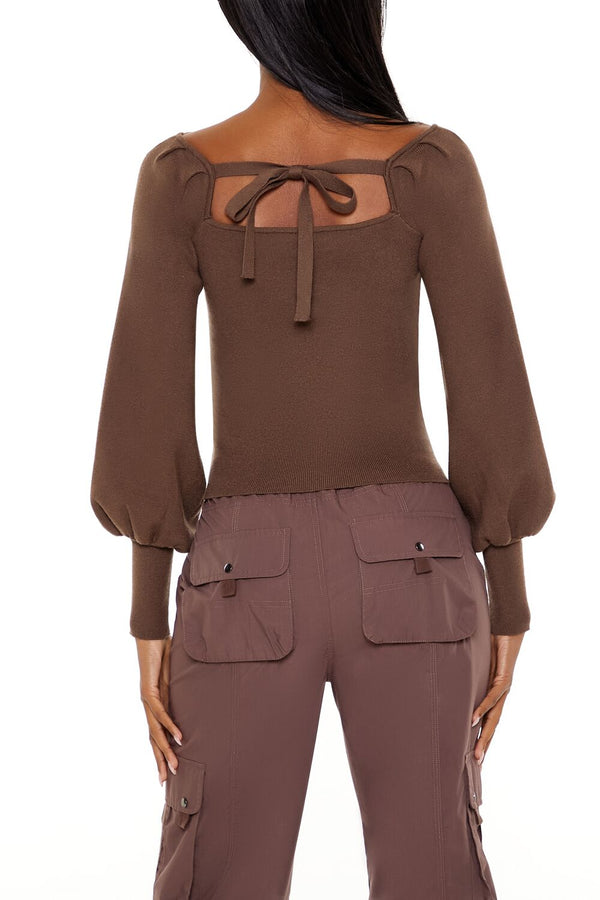 Forever21 Gigot-Sleeve Sweater-Knit Crop Top ESPRESSO