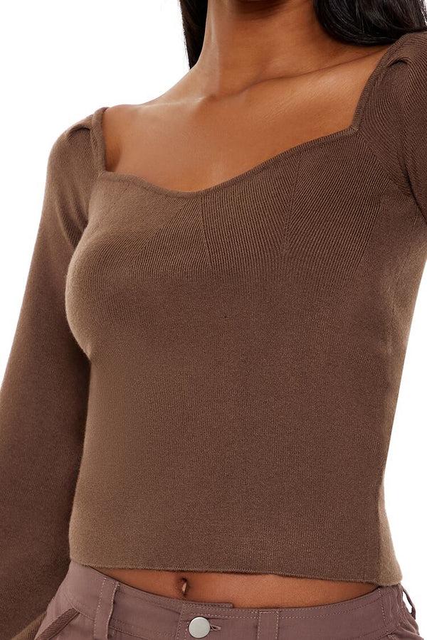 Forever21 Gigot-Sleeve Sweater-Knit Crop Top ESPRESSO