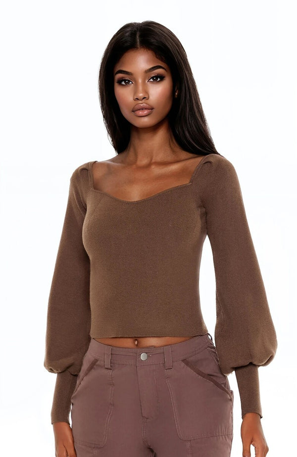 Forever21 Gigot-Sleeve Sweater-Knit Crop Top ESPRESSO